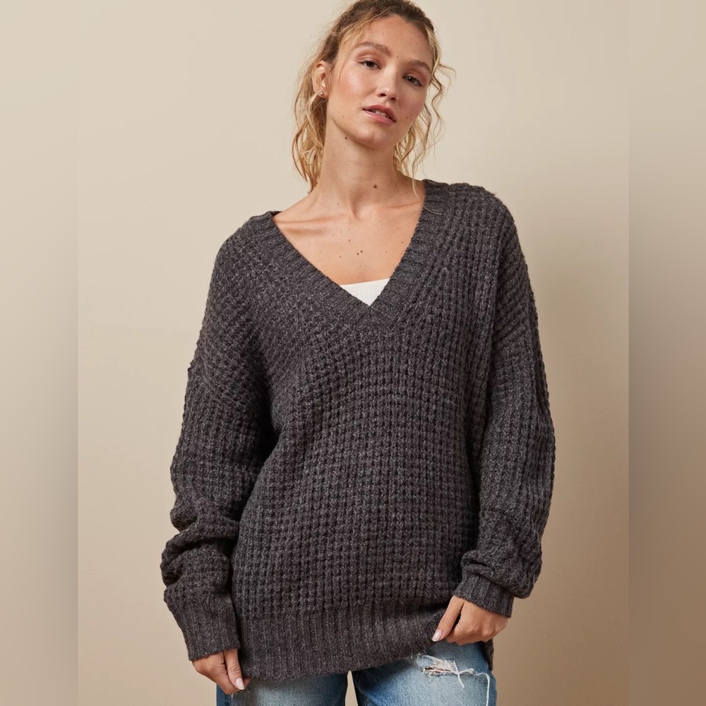 American Eagle Cozy Waffle Knit V-neck Sweater, Black